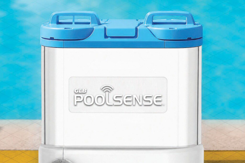 Front view of the GLB PoolSense smart pool monitoring system with a white housing and blue lid against a pool-themed background.